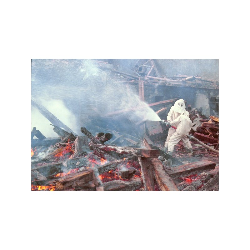 Carte postale : Des militaires éteignant un incendie avec des canons à eau